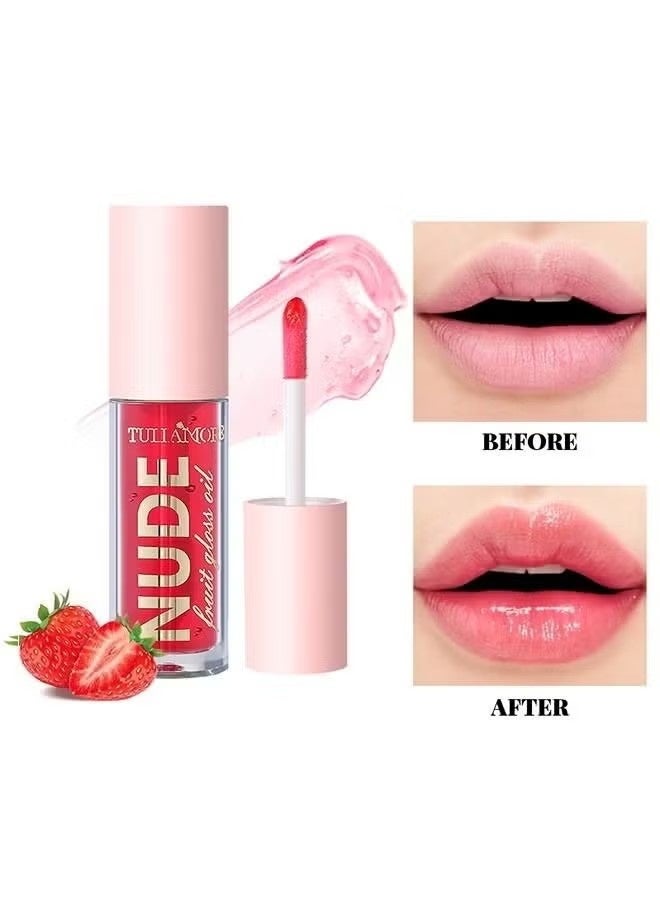 NUDE Hydrating Lip Glow Oil Plumping Lip Tint, Hydrating Lip Gloss Tinted Lip Balm Transparent Lip Care, Long Lasting Moisturizing Non-sticky Fresh Shiny Texture Lip Oil - Strawberry - Image 1
